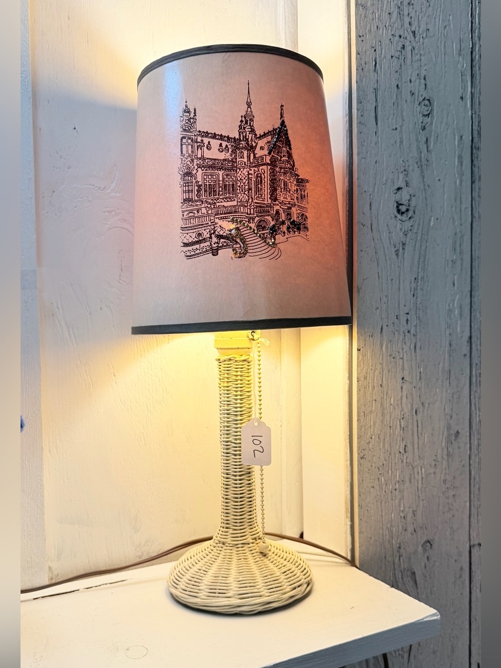 Wicker Table Lamp with Beige Printed Shade - Unbranded